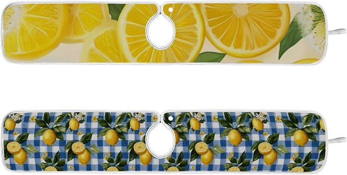 Blue Gingham Summer Lemons Yellow Dandelions Sink Mat by Tatenale