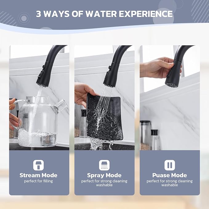 WEWE Kitchen Faucet with Soap Dispenser Set, Matte Black | 3-Mode Sprayer - Image 6