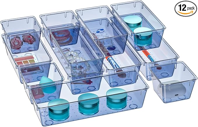 12 Pack Clear Drawer Organizer Set, Drawer Storage Trays, Storage Bins | by WOWBOX