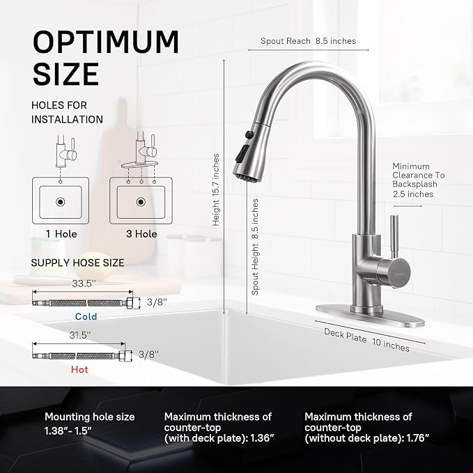 WEWE Pull-Down Kitchen Faucet, 3-Mode Sprayer, Brushed Nickel, 2 Set | 360° - Image 2