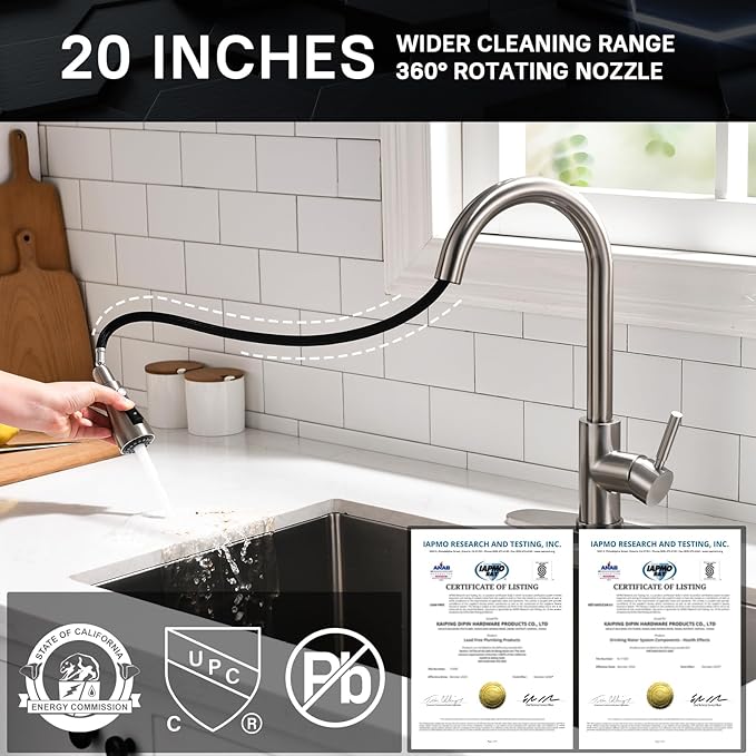 WEWE High-Arc Pull-Down Kitchen Faucet, Brushed Nickel, 3-Mode Sprayer | Soft - Image 2