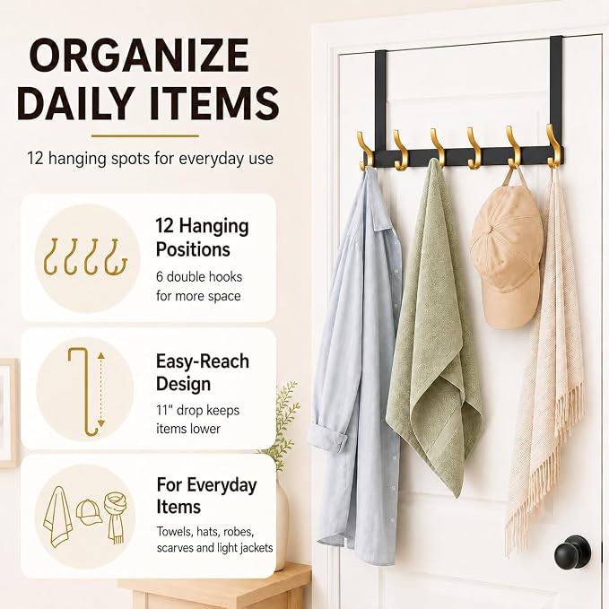 Peasulin Over The Door Hooks, 2 Pack Black 11" Long Door Hanger Racks | - Image 5