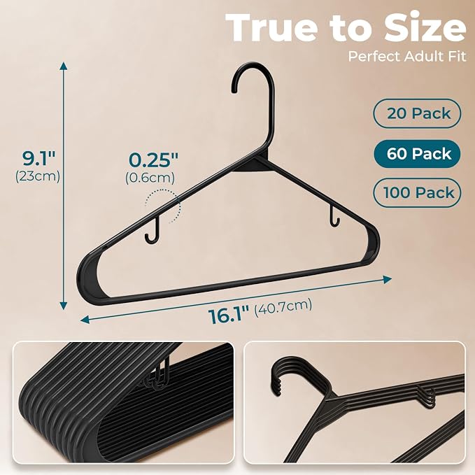 HOUSE DAY Black Plastic Hangers 60 Pack, Slim Space-Saving Clothes Hangers | - Image 2