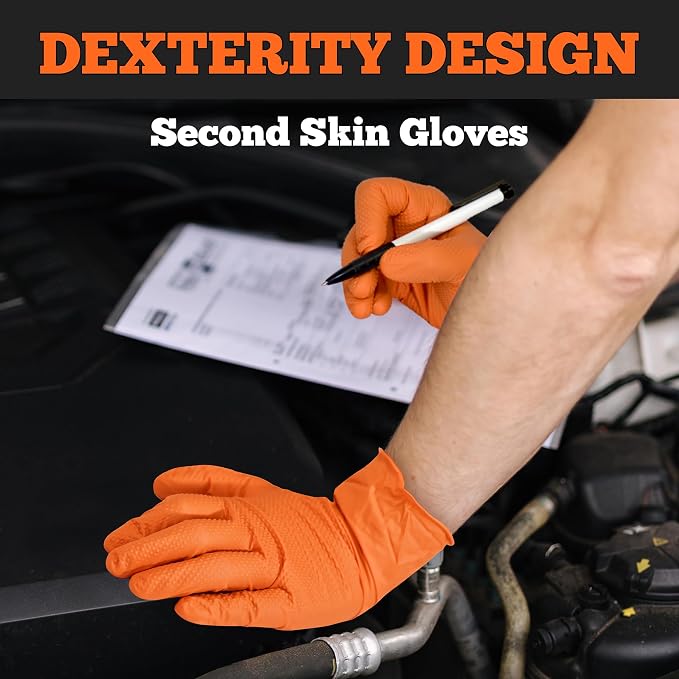 Heavy Duty Orange Nitrile Gloves, 6 Mil, Raised Diamond Texture, Mechanic - Image 4
