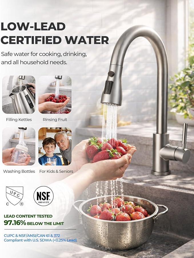 WEWE Pull-Down Kitchen Faucet, 3-Mode Sprayer, Brushed Nickel, High Arc | 360° - Image 4