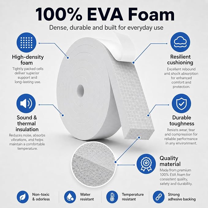 1" x 2" EVA Foam Weather Stripping Tape, 6.5FT Self-Adhesive Foam Seal Strip - Image 2