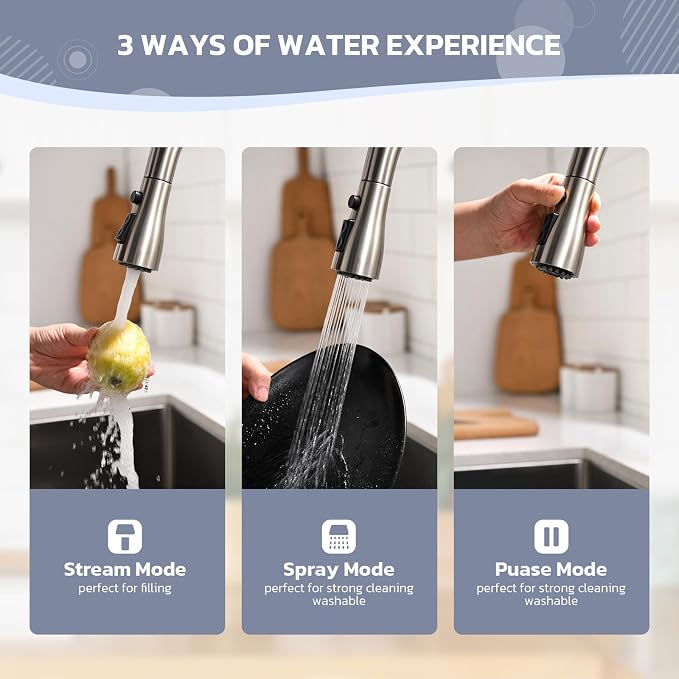 WEWE Kitchen Faucet with Soap Dispenser, Pull-Down Sprayer, Brushed Nickel | - Image 7