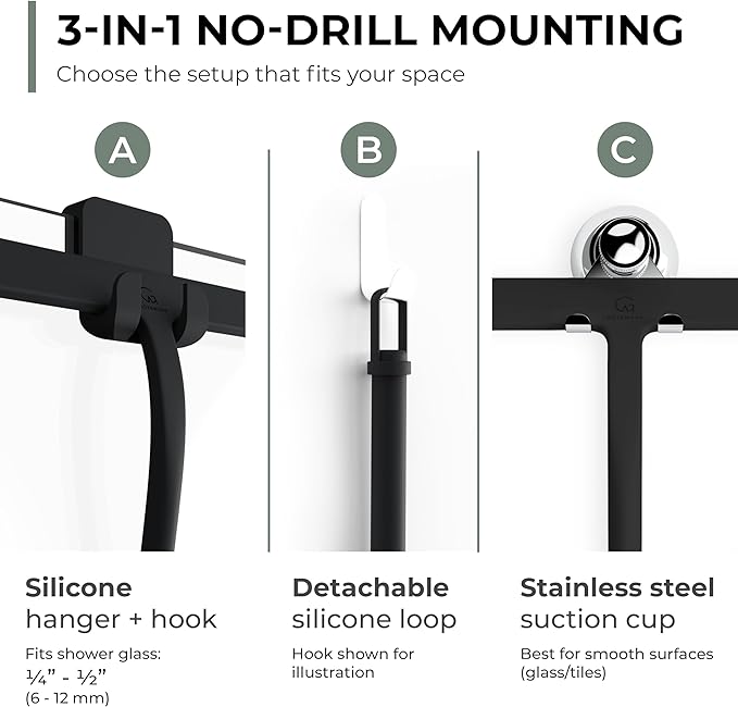 Silicone Shower Squeegee with 3-in-1 No-Drill Mount, Streak-Free & No-Squeak - Image 3
