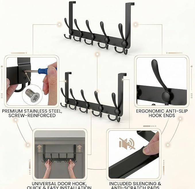 Over The Door Hooks, Coat Rack for Hanging Clothes Hat Towel - Image 4