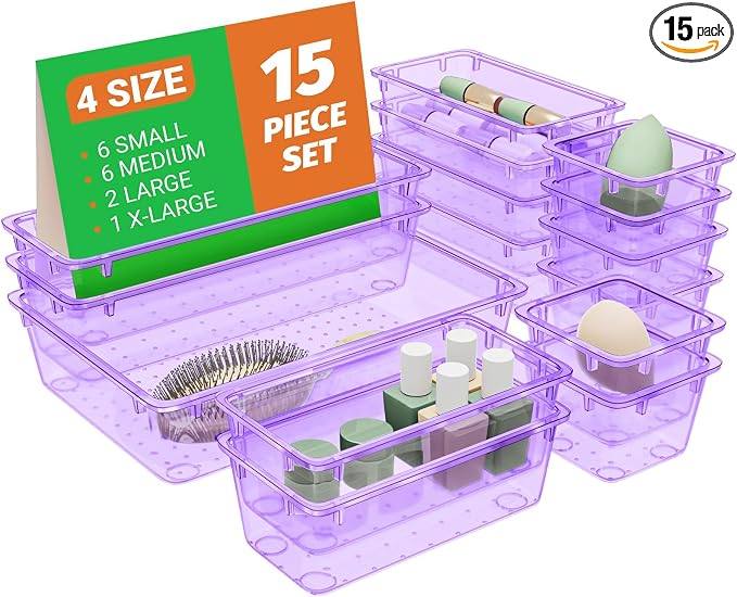 SpaceHacks 15 PCS Plastic Drawer Organizer Set, Drawer Storage Trays | 4-Size by SpaceHacks