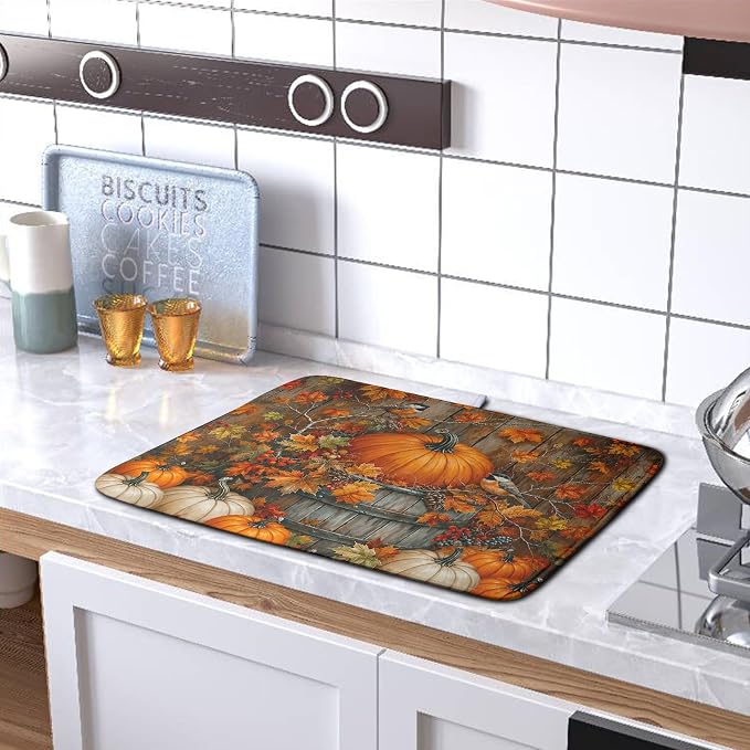Fall Dish Drying Mat for Kitchen Counter 18x24 Autumn Pumpkin Maple Leaves - Image 5