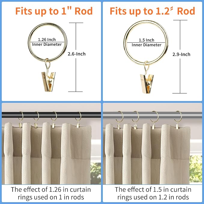 Curtain Rings with Clips, 44 Pack Metal Drapery Rings with Clips Hooks Hangers - Image 3