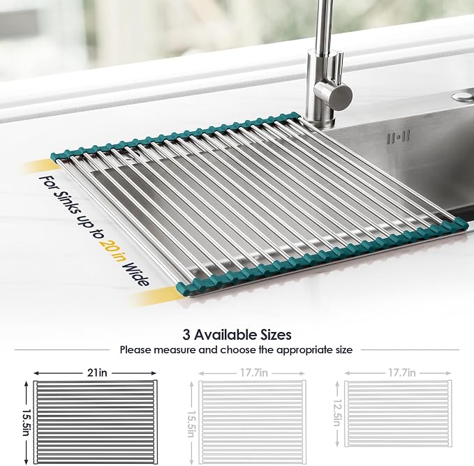 Tomorotec Roll Up Dish Drying Rack Over Sink, 304 Steel, Dark Green | Anti-Slip - Image 4