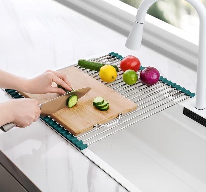 Tomorotec Roll Up Dish Drying Rack Over Sink, 304 Steel, DarkGreen | Anti-Slip - Image 7