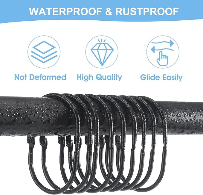 Shower Curtain Rings, Metal Black Shower Curtain Hooks, Oval Snap Shower Rings - Image 3