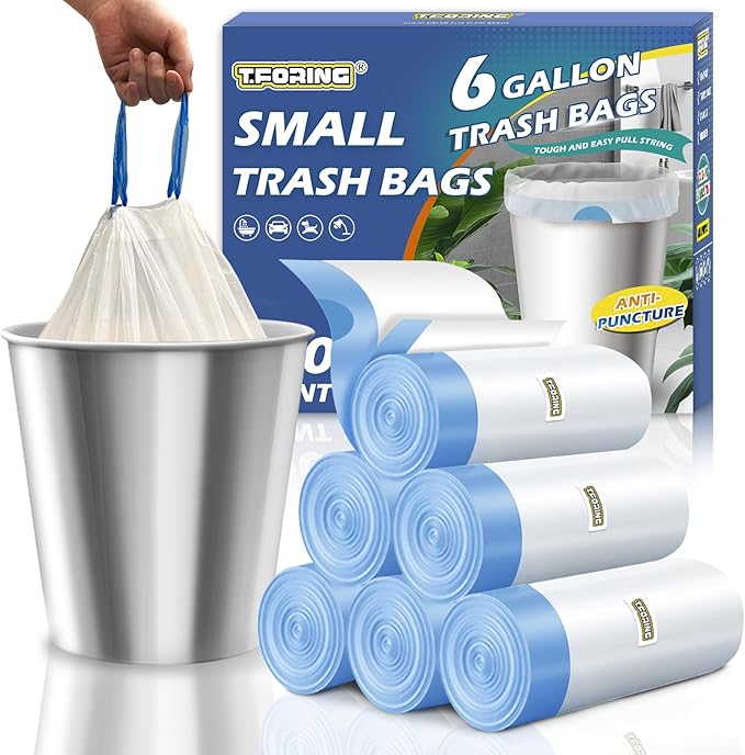 Medium 6 Gallon Trash Bags Drawstring, 1.1 Mil, Strong Garbage Can Liners by TFORING%C2%AE