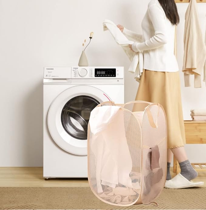 Pop Up Laundry Basket Folding Laundry Hamper Mesh Hamper Storage Bin | Beige - Image 3