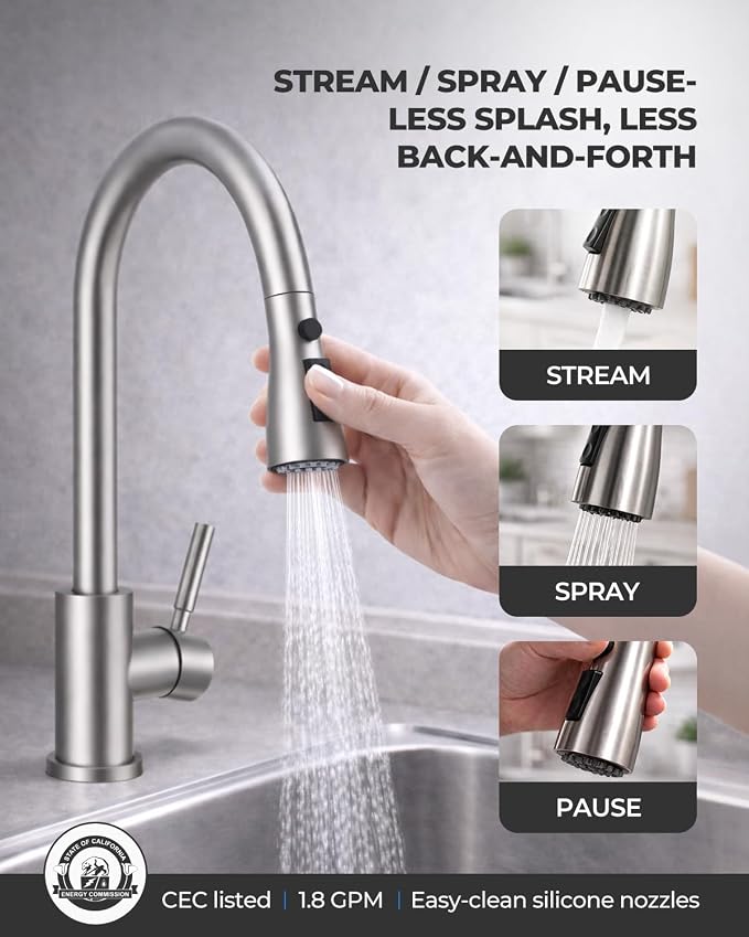 WEWE Pull-Down Kitchen Faucet, 3-Mode Sprayer, Brushed Nickel, High Arc | 360° - Image 7