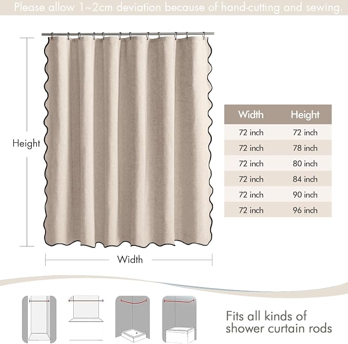 MIULEE Beige Extra Long Scalloped Linen Shower Curtain 72x80 Inches - Image 6