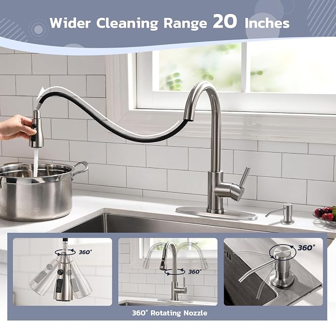 WEWE Kitchen Faucet with Soap Dispenser, Pull-Down Sprayer, Brushed Nickel | - Image 5