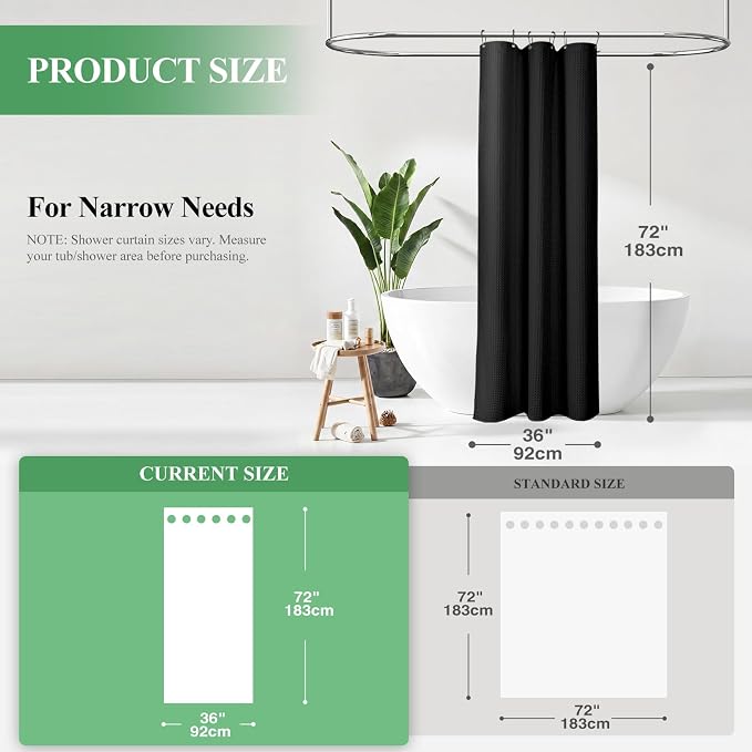 Dynamene Stall Waffle Shower Curtain 256 GSM Heavy Fabric 36x72 Black - Image 2