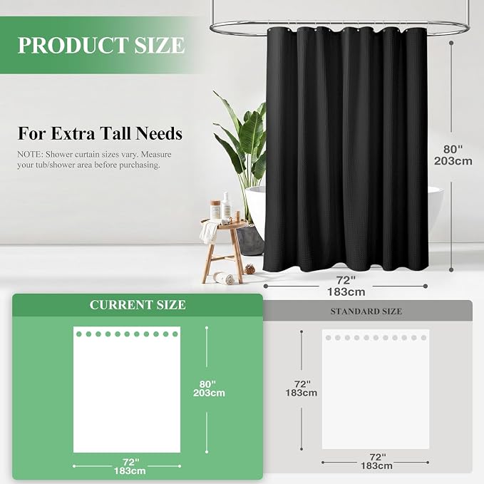 Dynamene Long Waffle Shower Curtain 256 GSM Heavy Fabric 72x80 Black - Image 2