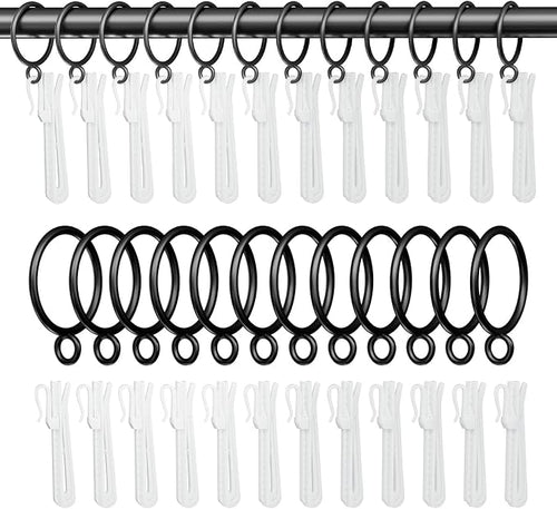 1.25 Inch Curtain Rings with Hooks, 24 Pack Black Metal Drapery Rings with Pins by GASRONS