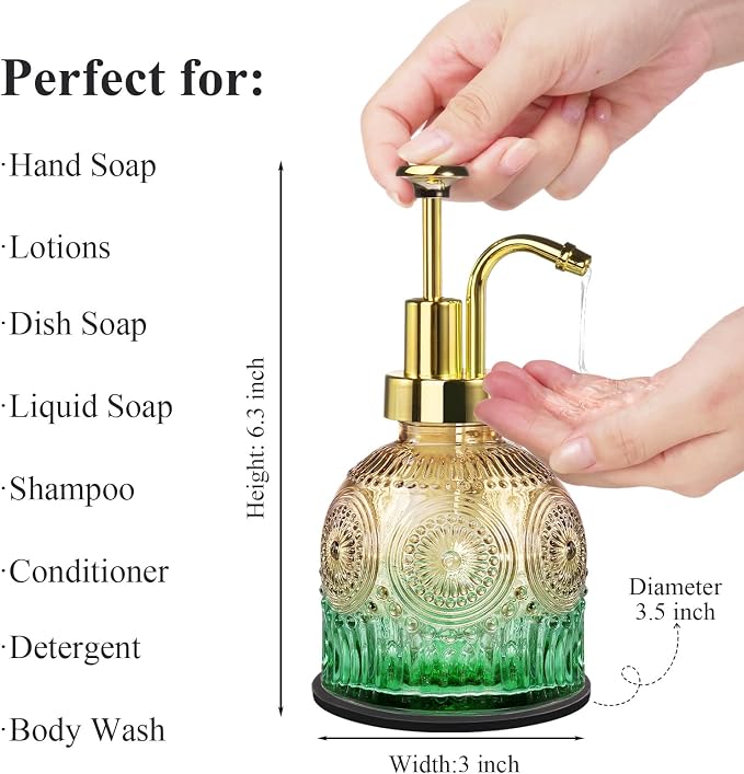 Amolliar 8 Oz Glass Soap Dispenser Plastic Gold Pump, Vintage/Farmhouse/Boho - Image 2