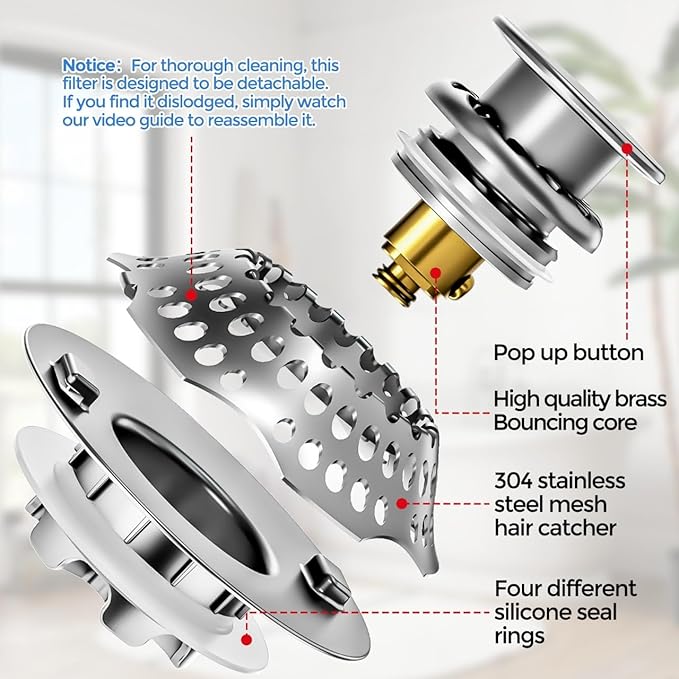 zaa 2 in 1 Bathtub Drain Stopper & Hair Catcher Pop-Up Plug | Upgraded Silver - Image 4