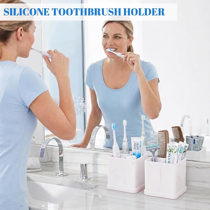 Silicone Toothbrush Holders for Bathrooms Marble Pink, 3-Slot Electric - Image 2