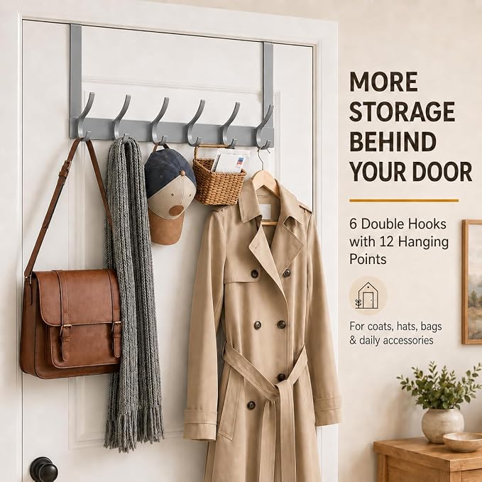 Peasulin Over The Door Hooks, 1 Pack Grey Door Hanger Rack | - Image 4