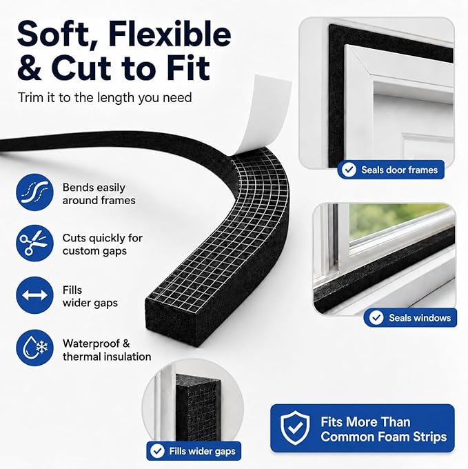 1" x 2" EVA Foam Weather Stripping Tape, 6.5FT Self-Adhesive Foam Seal Strip - Image 3