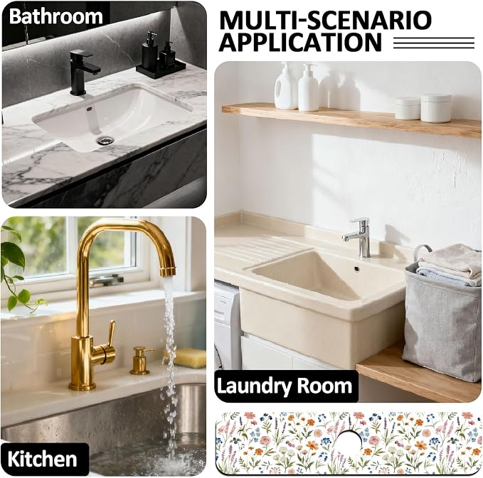 2 Pcs Kitchen Sink Splash Guard Faucet Mat Watercolor Plants Faucet Mat - Image 7