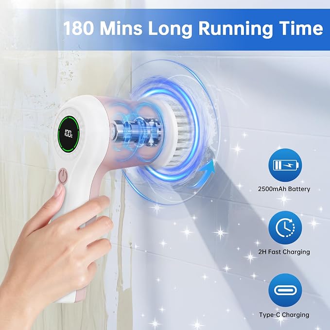 PUFTEM Electric Spin Scrubber, Cordless Shower Scrubber, Dual Speed, 6 - Image 2