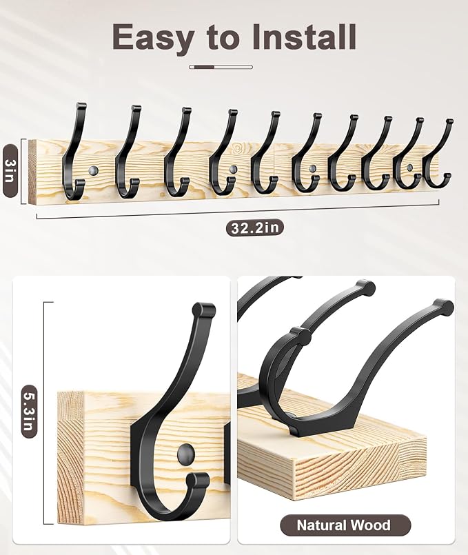 Optish 1 Pack Wooden Coat Rack Wall Mount, 16.1" Rustic Coat Hanger Hooks - Image 2