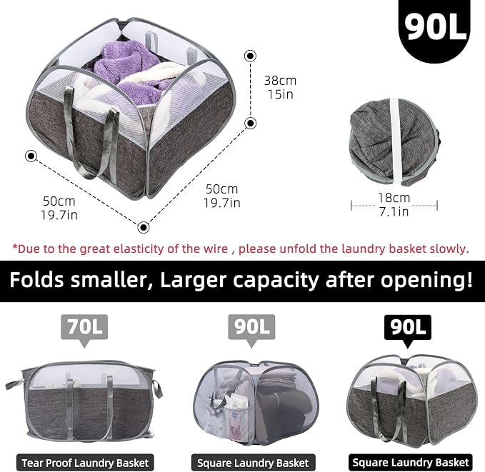 Collapsible Laundry Basket, 90L Tear Proof Mesh Pop-up Hamper | Foldable - Image 2