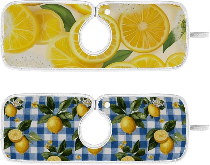 Blue Gingham Summer Lemons Yellow Dandelions Sink Mat - Image 2