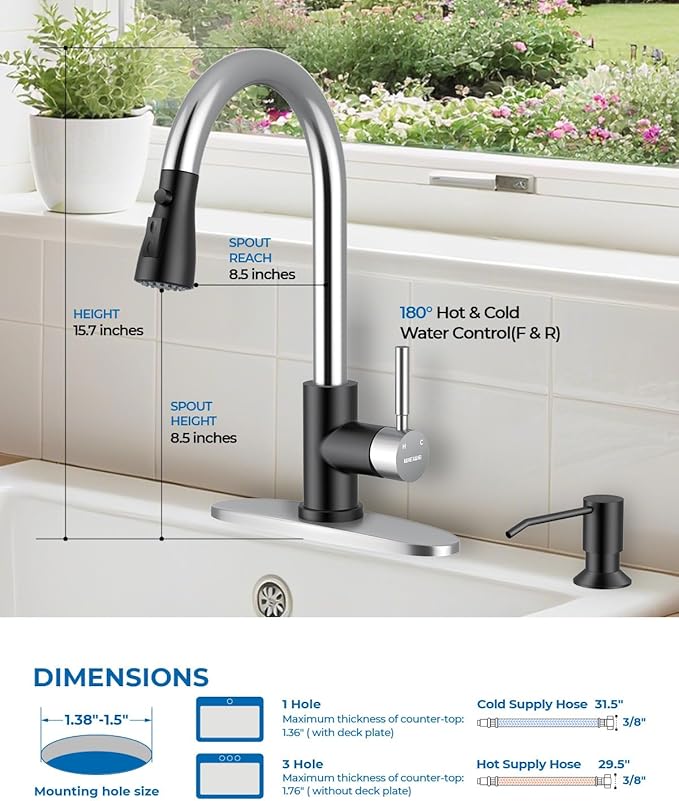 WEWE Kitchen Faucet with Soap Dispenser Set, 360° Swivel, SUS 304, 1- or 3-Hole - Image 2