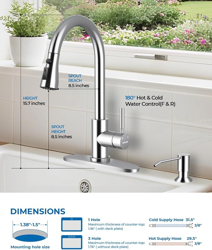 WEWE Kitchen Faucet with Soap Dispenser, Pull-Down Sprayer, Polished Chrome | - Image 2