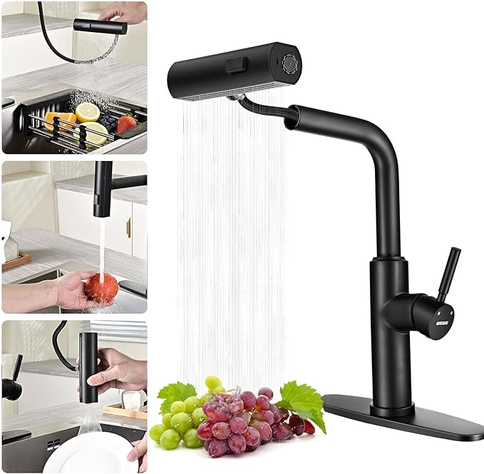 WEWE Waterfall Kitchen Faucet, Pull-Down Sprayer, Matte Black, 3-Mode | Stream by WEWE