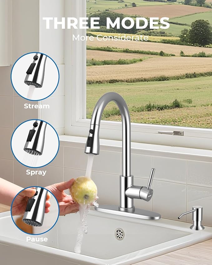 WEWE Kitchen Faucet with Soap Dispenser, Pull-Down Sprayer, Polished Chrome | - Image 4