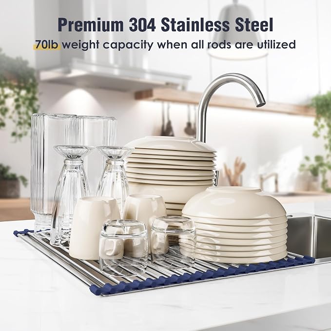 Tomorotec Roll Up Dish Drying Rack Over Sink, 304 Steel, Indigo | Anti-Slip - Image 5