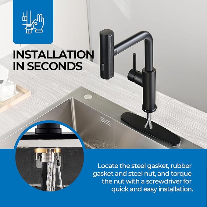 WEWE Waterfall Kitchen Faucet, Pull-Down Sprayer, Matte Black, 3-Mode | Stream - Image 7