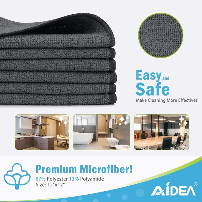 AIDEA Gray Microfiber Cleaning Cloth-100PK, Cleaning Rags 12"x12" Absorbent | - Image 2