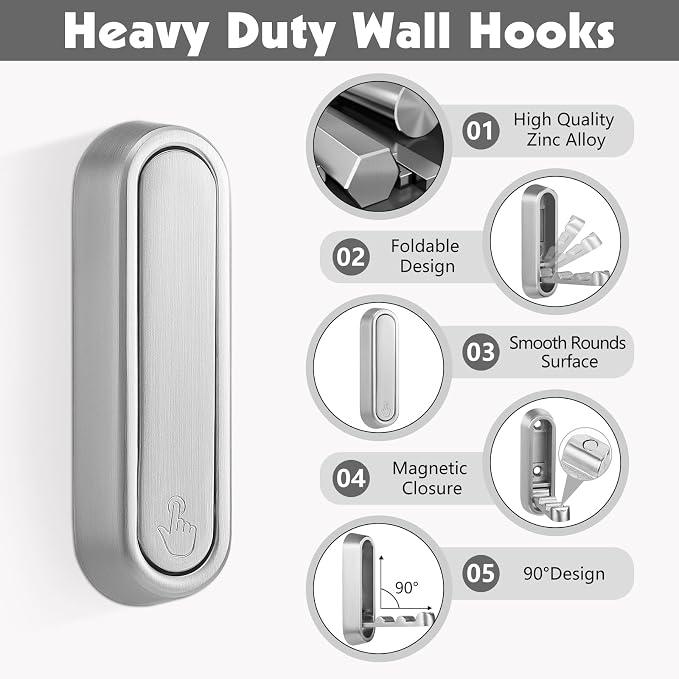 Folding Wall Hooks, 6 Pack, Zinc Alloy, Heavy Duty Coat Hooks | 90° Foldable - Image 2