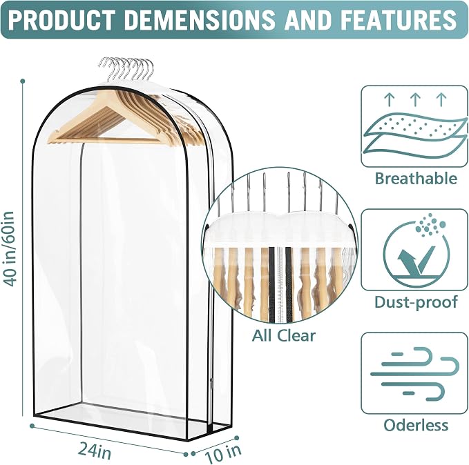 Liuoud Clear Garment Bags for Hanging Clothes 10” Gusseted, 6 Pack, 40”&60” | - Image 5