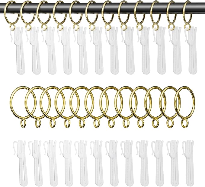 1.25 Inch Curtain Rings with Hooks, 24 Pack Gold Metal Drapery Rings with Pins by GASRONS