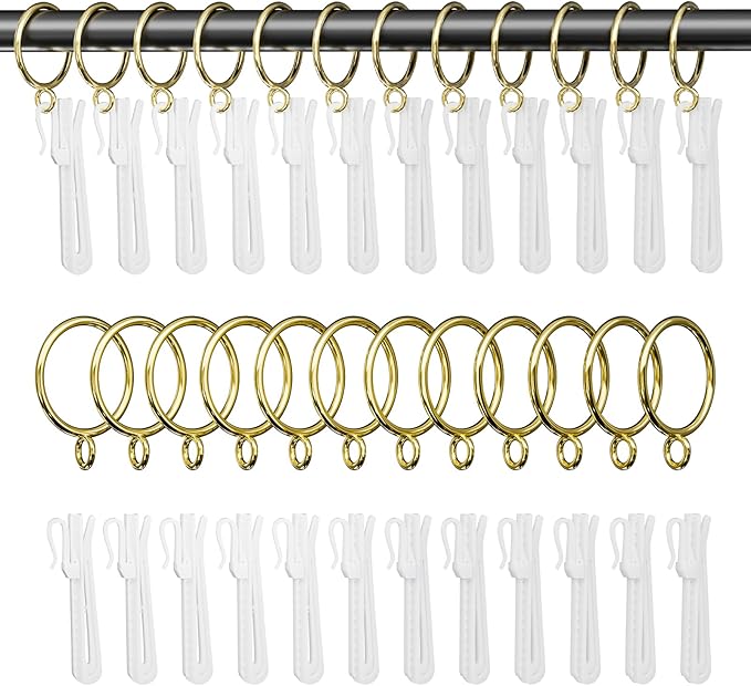 1.5 Inch Curtain Rings with Hooks, 24 Pack Gold Metal Drapery Rings with Pins by GASRONS