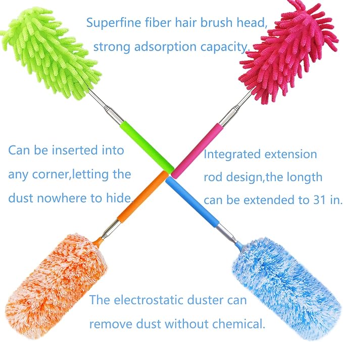 4 Pack 13" to 30" Extendable Feather Duster Kit, Washable Duster Head, - Image 7