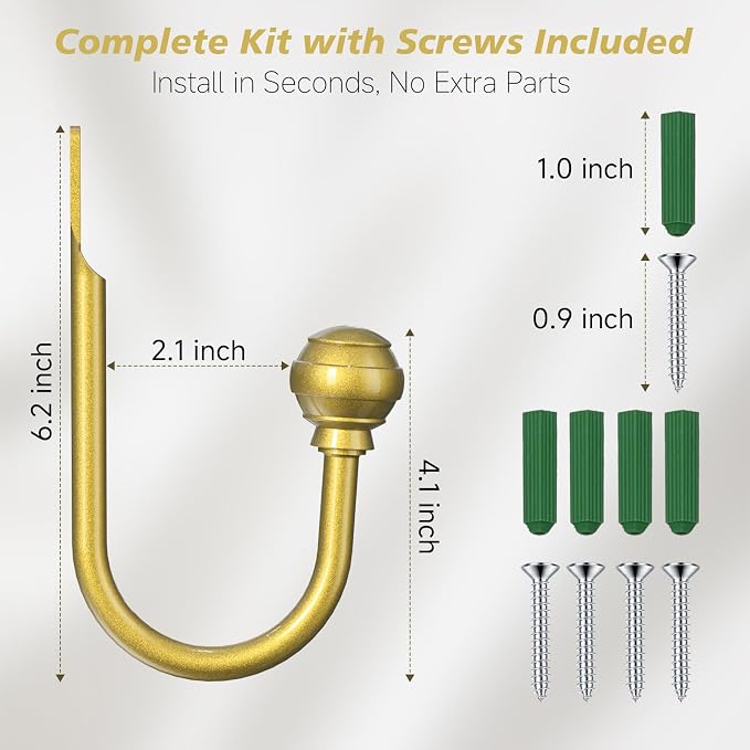 Hion Curtain Holdbacks Gold 2pcs, Curtain Tiebacks Wall Mounted Hooks | Curtain - Image 2